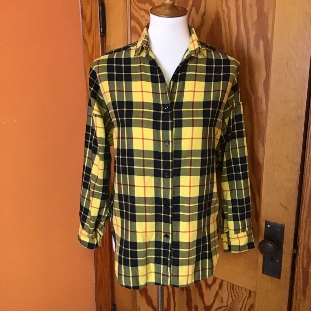 Vintage 90s Yellow Plaid Flannel Shirt Colors by Brooks Soft Grunge Preppy - Picture 8 of 11